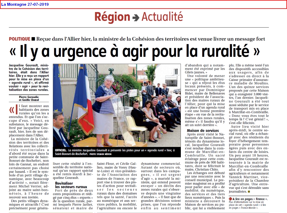 Mission agenda rural - Il y a urgence à agir pour la ruralité - La Montagne 27-07-2019