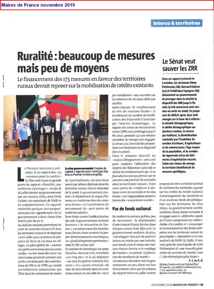 Ruralité beaucoup de mesures mais peu de moyens - Maires de France novembre 2019
